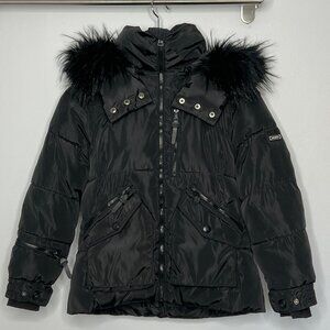 XOXO Black Puffer Jacket Detachable Faux Fur Hood Girls Youth L 12–14